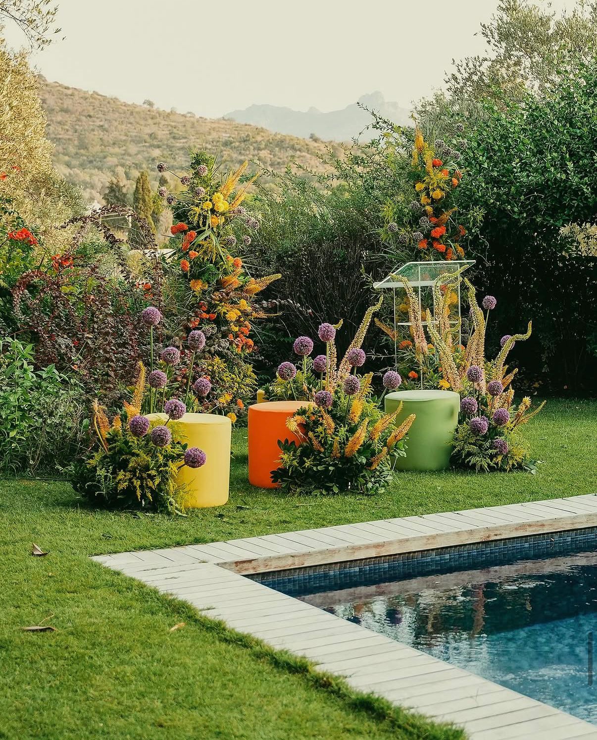 Floral ceremony installation by the pool