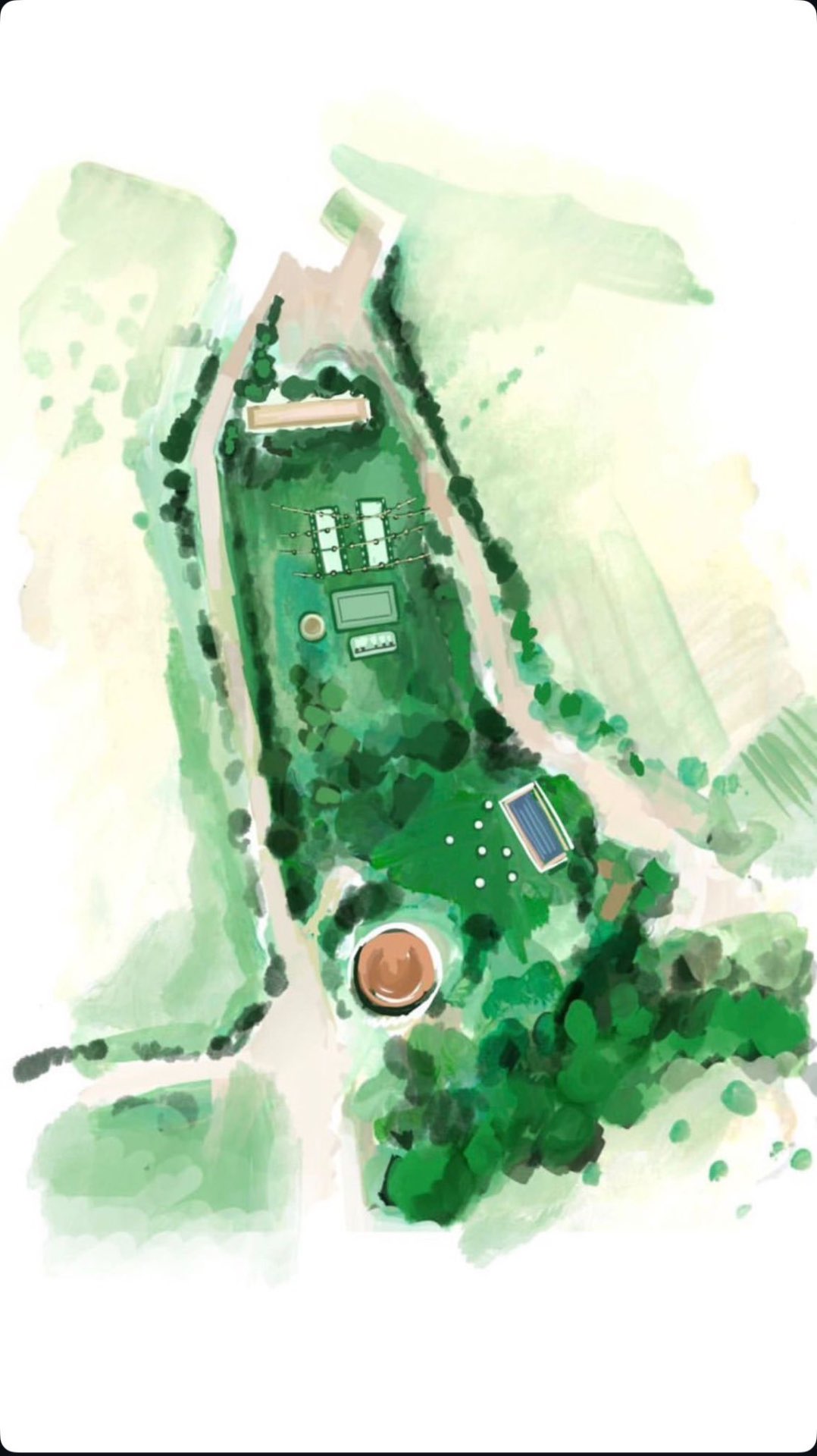Hand-painted watercolor map of the Değirmen 81 estate grounds