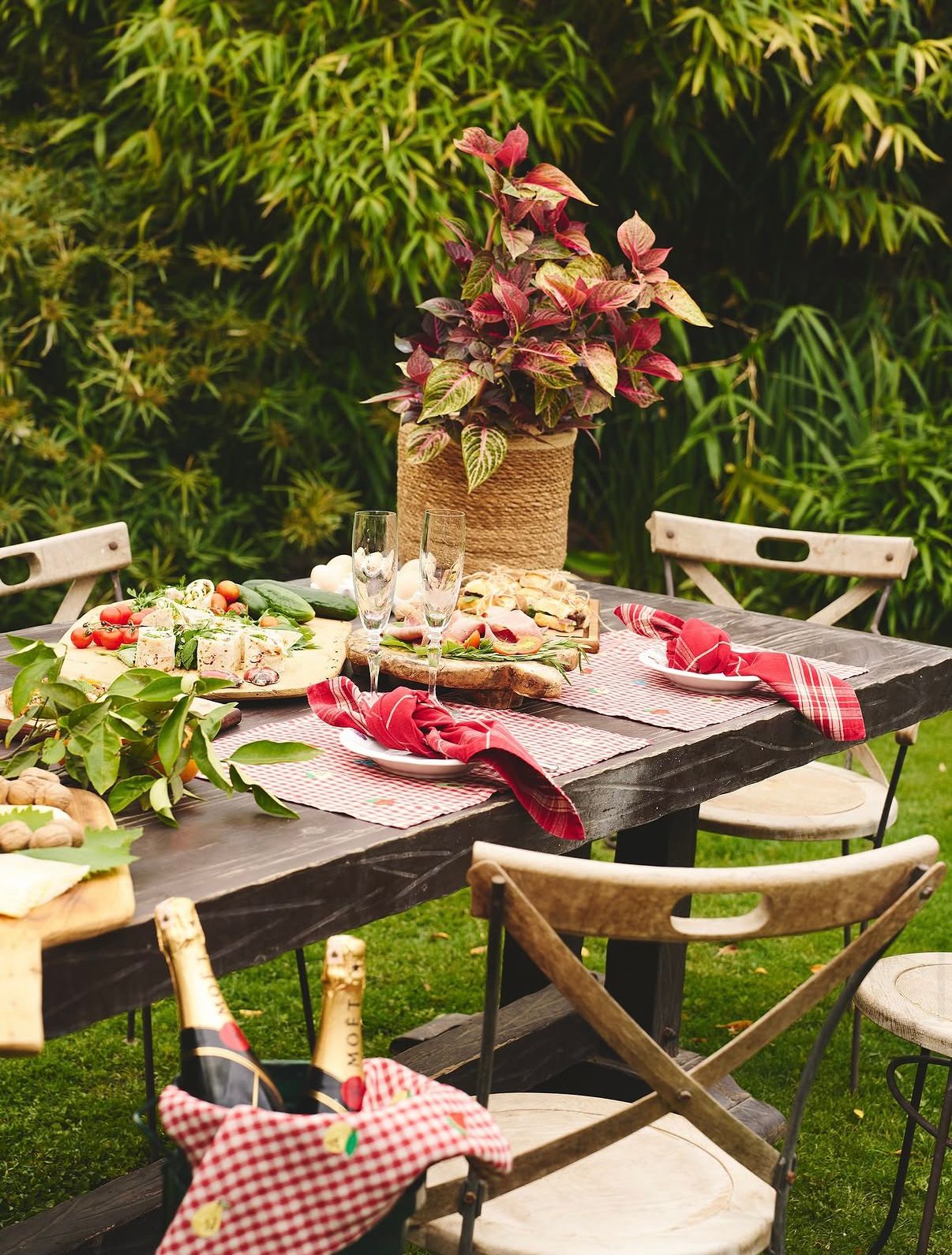 Rustic garden table with red linens and champagne
